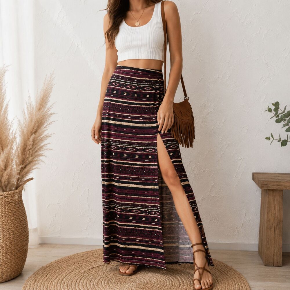 Forever 21 Tribal Print Maxi Skirt XS Burgundy Boho Side Slit Festival Y2K